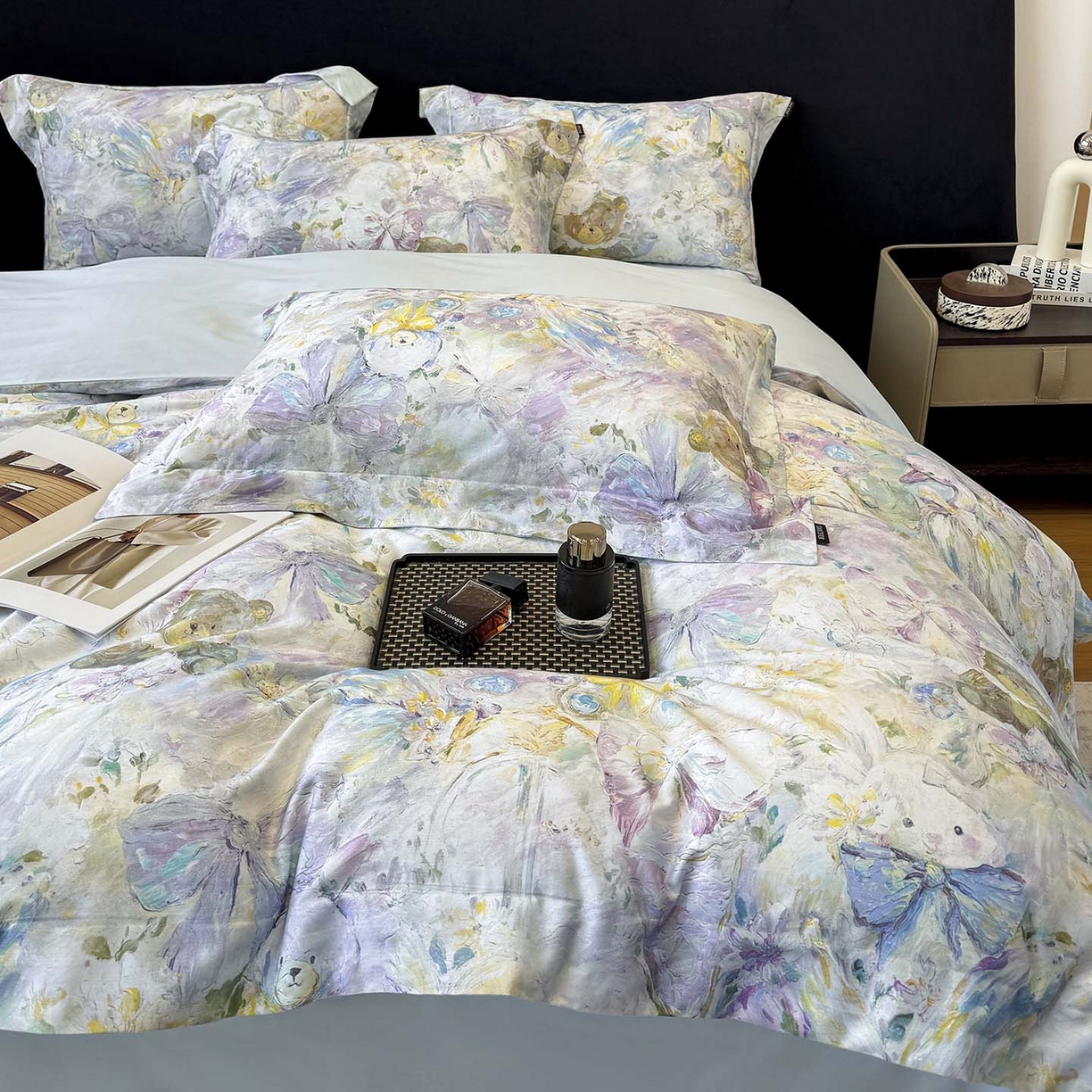 91家纺网 家纺一手货源 找家纺 2026新款A类100支长绒棉纯棉四件套全棉数码印花被套床单床笠田园风床上用品 黛梦-蓝