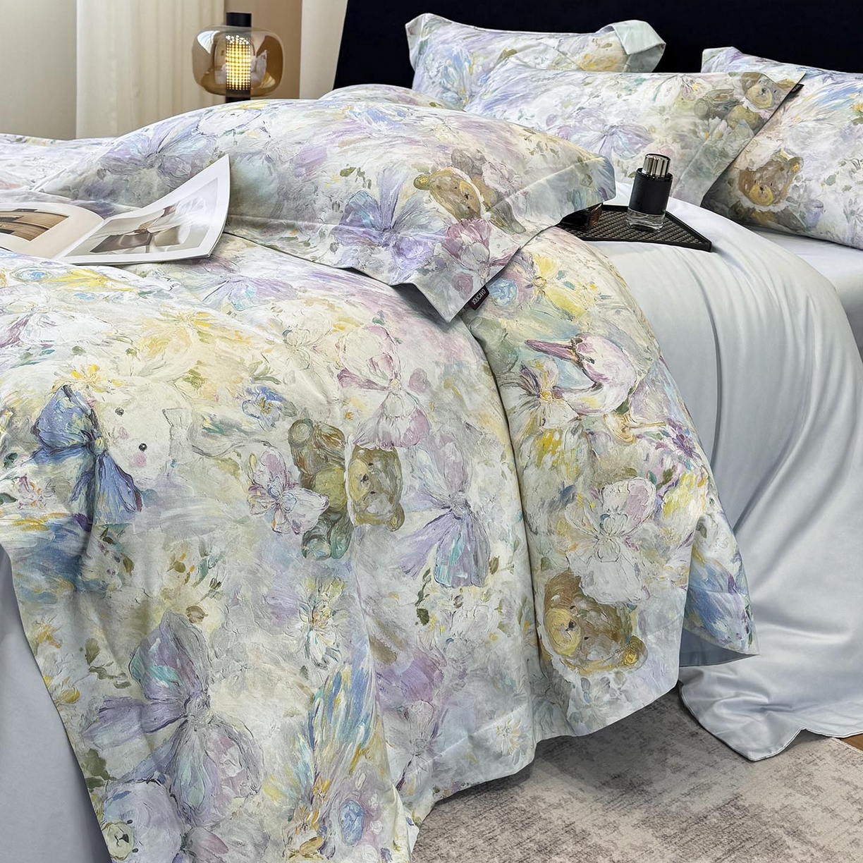 91家纺网 家纺一手货源 找家纺 2026新款A类100支长绒棉纯棉四件套全棉数码印花被套床单床笠田园风床上用品 黛梦-蓝