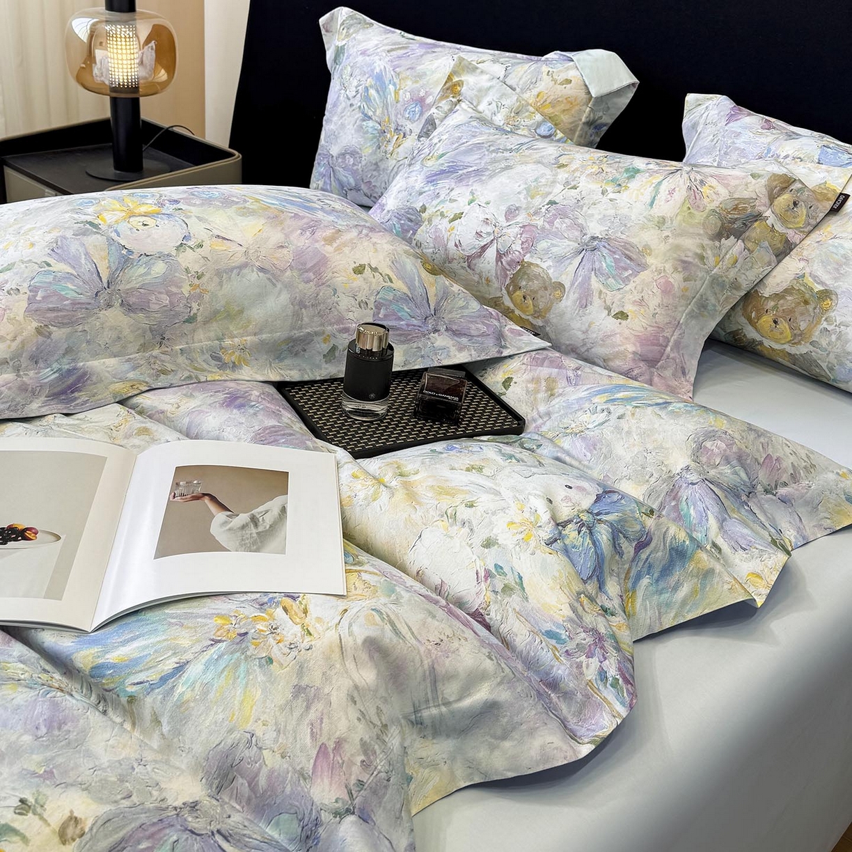 91家纺网 家纺一手货源 找家纺 2026新款A类100支长绒棉纯棉四件套全棉数码印花被套床单床笠田园风床上用品 黛梦-蓝