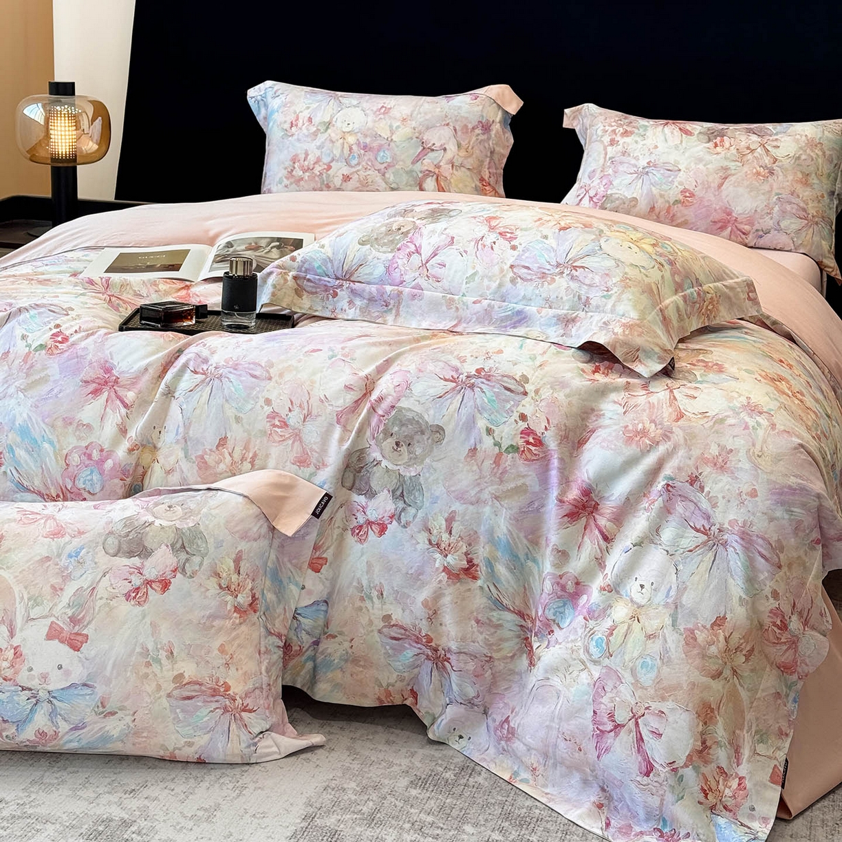 91家纺网 家纺一手货源 找家纺 2026新款A类100支长绒棉纯棉四件套全棉数码印花被套床单床笠田园风床上用品 黛梦-粉