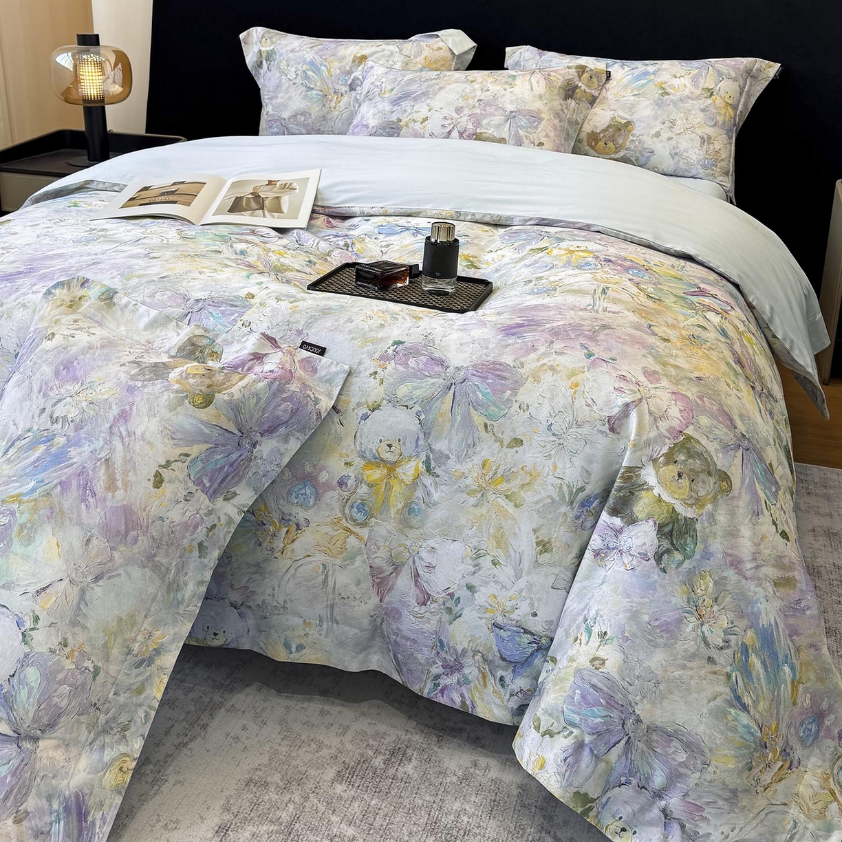 91家纺网 家纺一手货源 找家纺 2026新款A类100支长绒棉纯棉四件套全棉数码印花被套床单床笠田园风床上用品 黛梦-蓝