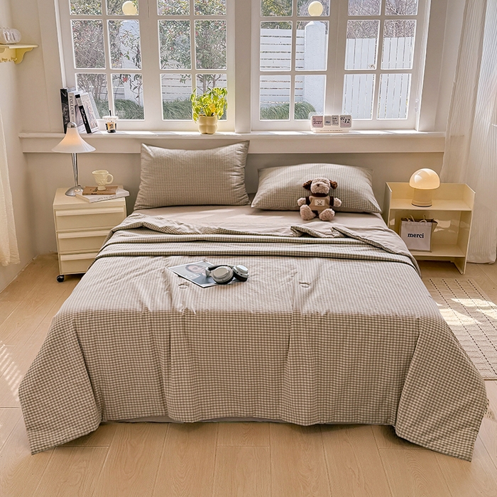 91家纺网 家纺一手货源 找家纺 梦依依 2026新款全棉色织水洗棉大豆被四件套系列 琥珀灰