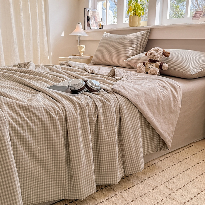 91家纺网 家纺一手货源 找家纺 梦依依 2026新款全棉色织水洗棉大豆被四件套系列 琥珀灰