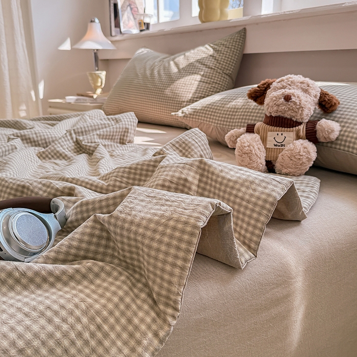 91家纺网 家纺一手货源 找家纺 梦依依 2026新款全棉色织水洗棉大豆被四件套系列 琥珀灰