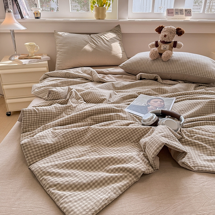 91家纺网 家纺一手货源 找家纺 梦依依 2026新款全棉色织水洗棉大豆被四件套系列 琥珀灰