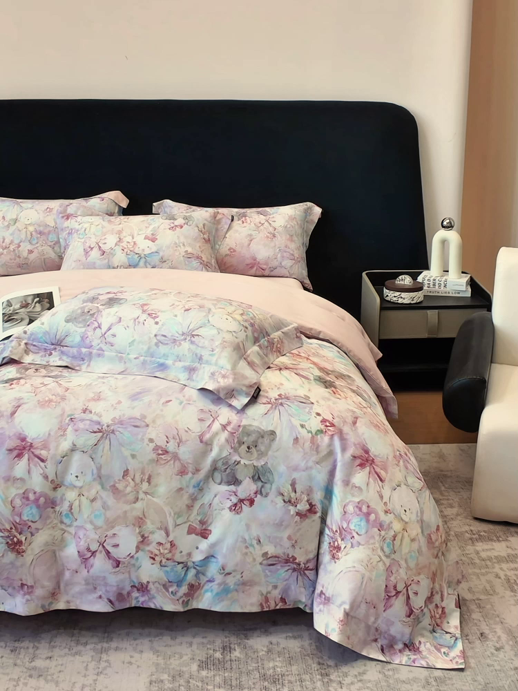 91家纺网 家纺一手货源 找家纺 2026新款A类100支长绒棉纯棉四件套全棉数码印花被套床单床笠田园风床上用品 黛梦-粉