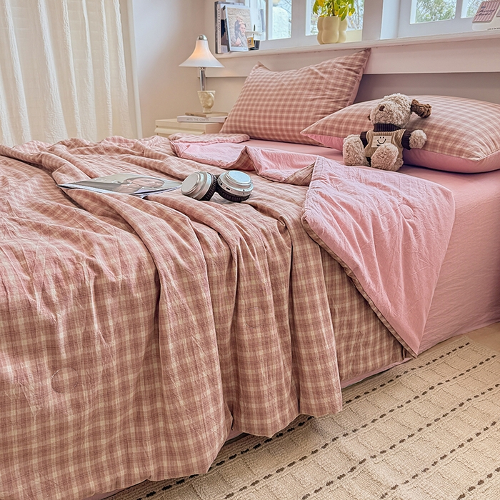 91家纺网 家纺一手货源 找家纺 梦依依 2026新款全棉色织水洗棉大豆被四件套系列 浣花粉