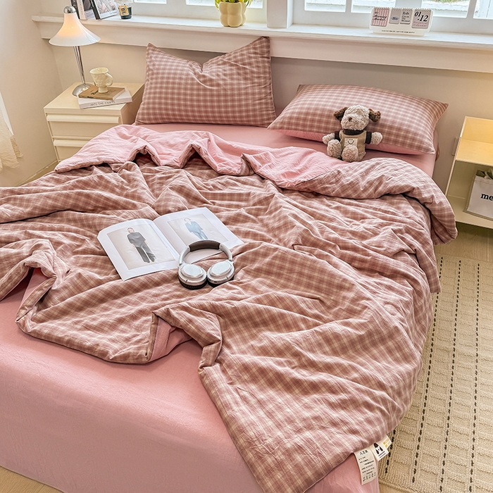 91家纺网 家纺一手货源 找家纺 梦依依 2026新款全棉色织水洗棉大豆被四件套系列 浣花粉