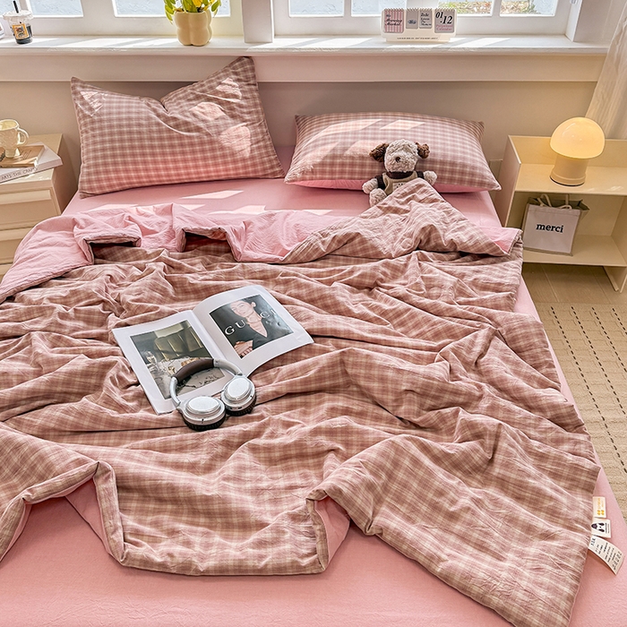 91家纺网 家纺一手货源 找家纺 梦依依 2026新款全棉色织水洗棉大豆被四件套系列 浣花粉