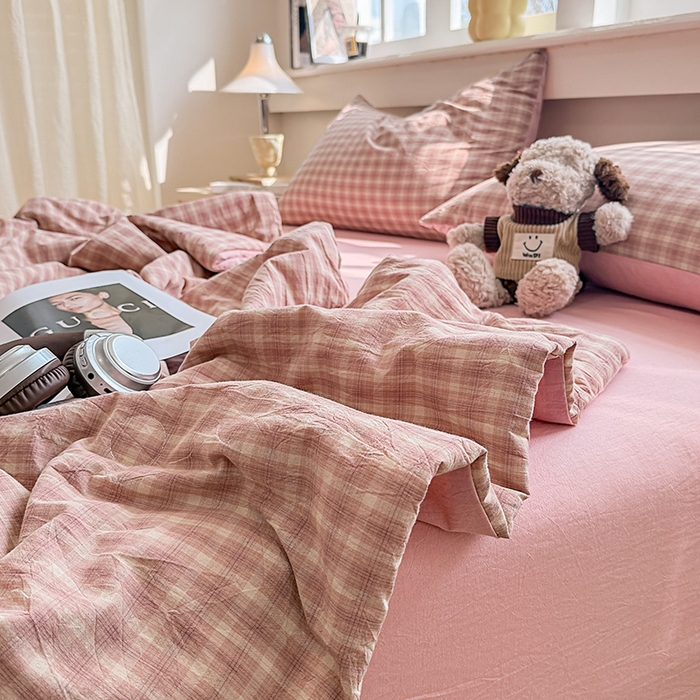 91家纺网 家纺一手货源 找家纺 梦依依 2026新款全棉色织水洗棉大豆被四件套系列 浣花粉