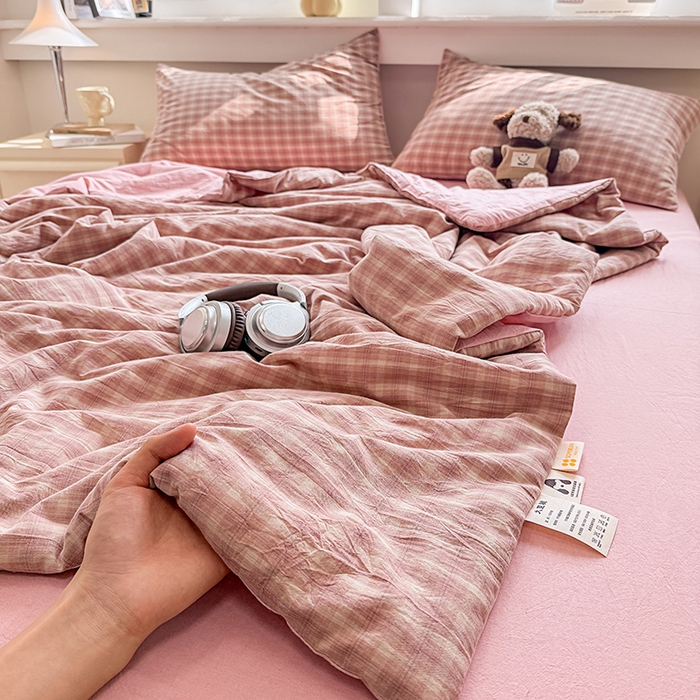 91家纺网 家纺一手货源 找家纺 梦依依 2026新款全棉色织水洗棉大豆被四件套系列 浣花粉