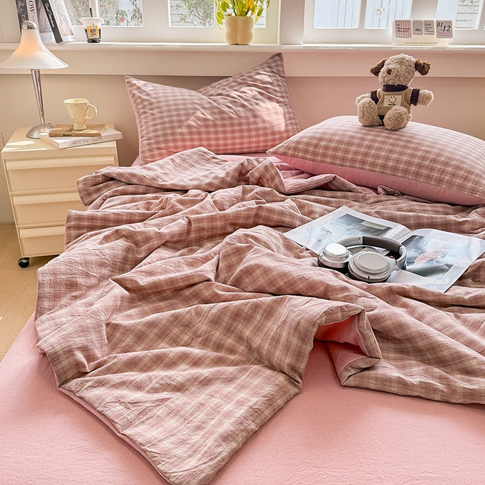 91家纺网 家纺一手货源 找家纺 梦依依 2026新款全棉色织水洗棉大豆被四件套系列 浣花粉