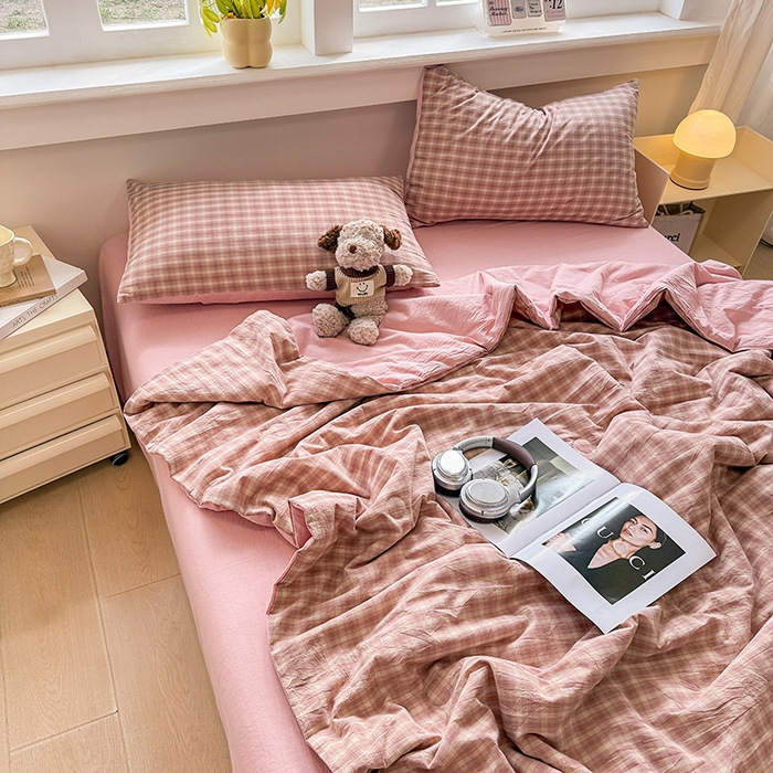 91家纺网 家纺一手货源 找家纺 梦依依 2026新款全棉色织水洗棉大豆被四件套系列 浣花粉