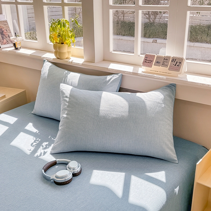 91家纺网 家纺一手货源 找家纺 梦依依 2026新款全棉色织水洗棉大豆被四件套系列 蓝细条