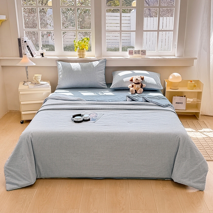 91家纺网 家纺一手货源 找家纺 梦依依 2026新款全棉色织水洗棉大豆被四件套系列 蓝细条