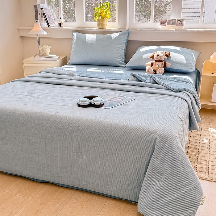 91家纺网 家纺一手货源 找家纺 梦依依 2026新款全棉色织水洗棉大豆被四件套系列 蓝细条