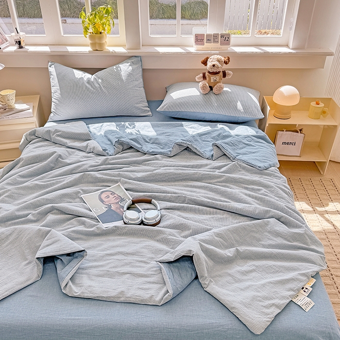 91家纺网 家纺一手货源 找家纺 梦依依 2026新款全棉色织水洗棉大豆被四件套系列 蓝细条