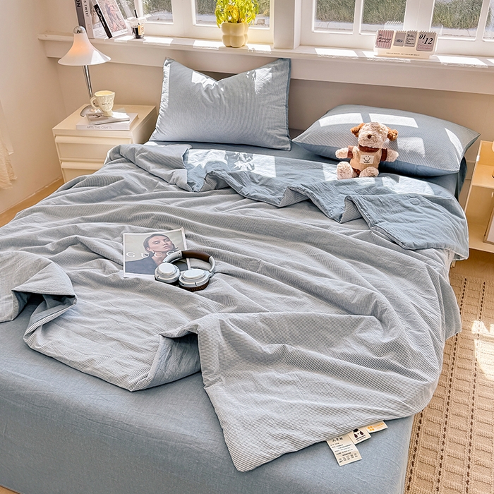 91家纺网 家纺一手货源 找家纺 梦依依 2026新款全棉色织水洗棉大豆被四件套系列 蓝细条