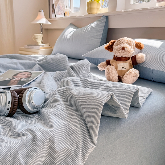 91家纺网 家纺一手货源 找家纺 梦依依 2026新款全棉色织水洗棉大豆被四件套系列 蓝细条