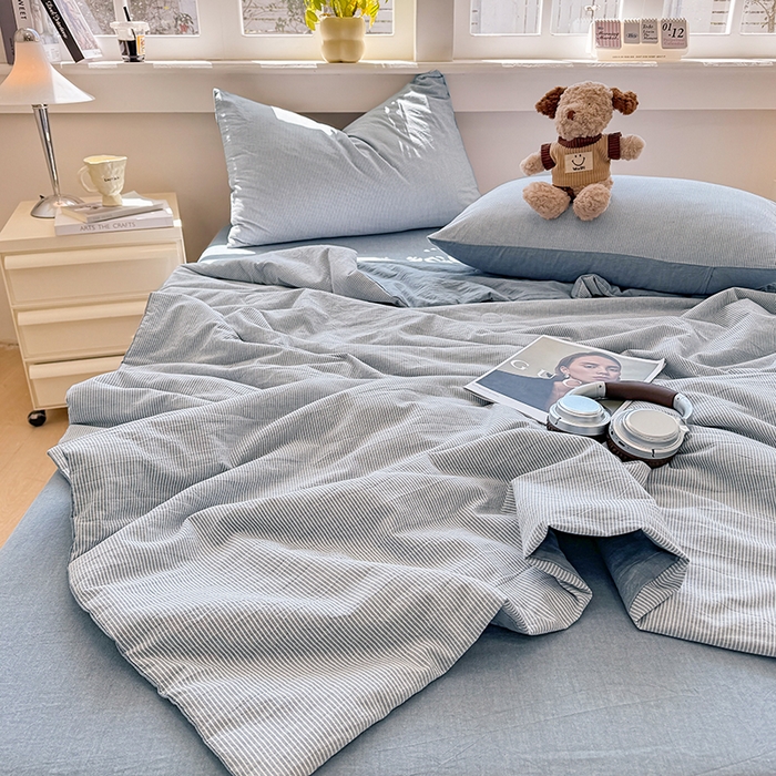 91家纺网 家纺一手货源 找家纺 梦依依 2026新款全棉色织水洗棉大豆被四件套系列 蓝细条