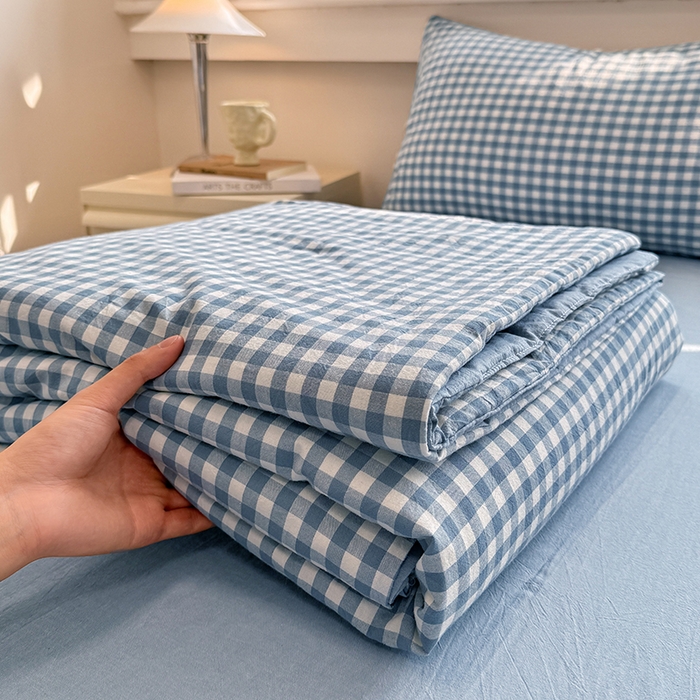 梦依依 2026新款全棉色织水洗棉大豆被四件套系列 蓝小格