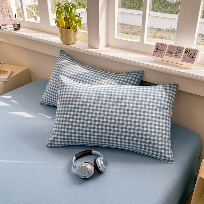 91家纺网 家纺一手货源 找家纺 梦依依 2026新款全棉色织水洗棉大豆被四件套系列 蓝小格