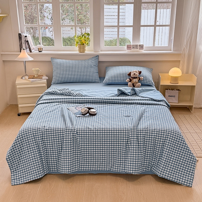 91家纺网 家纺一手货源 找家纺 梦依依 2026新款全棉色织水洗棉大豆被四件套系列 蓝小格