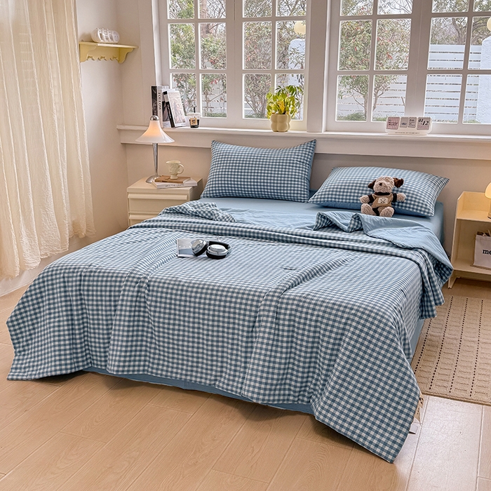 91家纺网 家纺一手货源 找家纺 梦依依 2026新款全棉色织水洗棉大豆被四件套系列 蓝小格