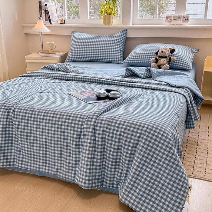 91家纺网 家纺一手货源 找家纺 梦依依 2026新款全棉色织水洗棉大豆被四件套系列 蓝小格