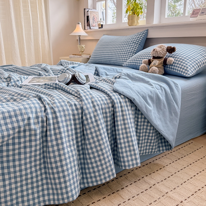 91家纺网 家纺一手货源 找家纺 梦依依 2026新款全棉色织水洗棉大豆被四件套系列 蓝小格