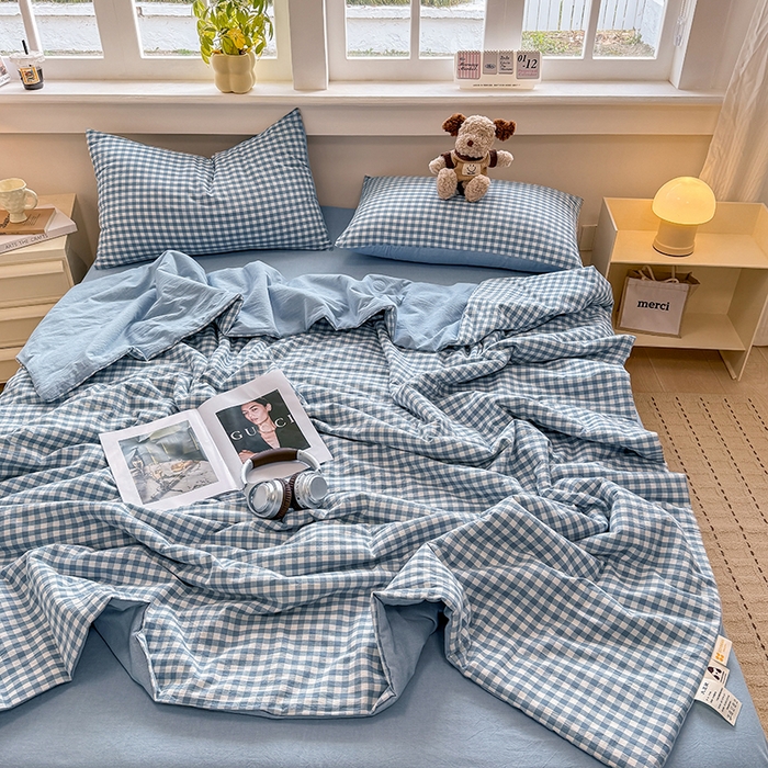 91家纺网 家纺一手货源 找家纺 梦依依 2026新款全棉色织水洗棉大豆被四件套系列 蓝小格