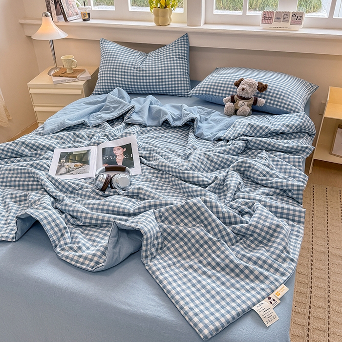 91家纺网 家纺一手货源 找家纺 梦依依 2026新款全棉色织水洗棉大豆被四件套系列 蓝小格