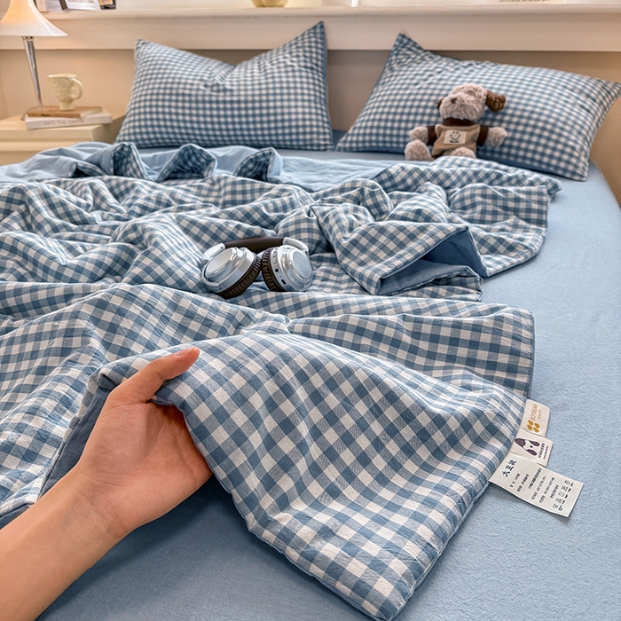 91家纺网 家纺一手货源 找家纺 梦依依 2026新款全棉色织水洗棉大豆被四件套系列 蓝小格
