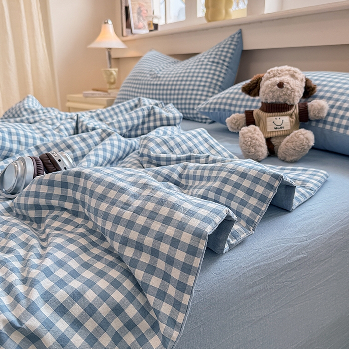 91家纺网 家纺一手货源 找家纺 梦依依 2026新款全棉色织水洗棉大豆被四件套系列 蓝小格