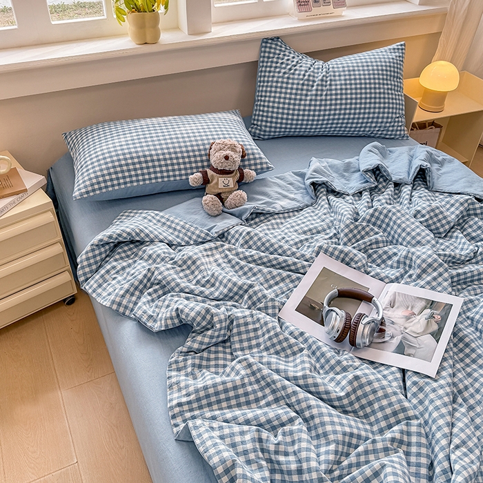 91家纺网 家纺一手货源 找家纺 梦依依 2026新款全棉色织水洗棉大豆被四件套系列 蓝小格