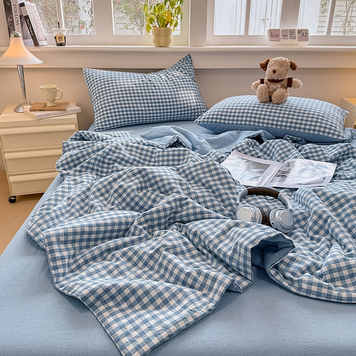 91家纺网 家纺一手货源 找家纺 梦依依 2026新款全棉色织水洗棉大豆被四件套系列 蓝小格