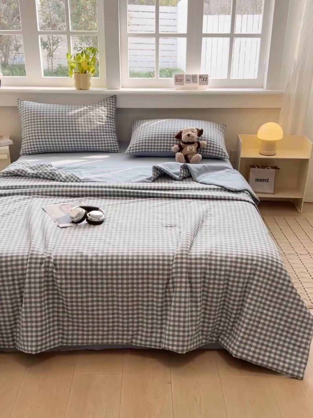 91家纺网 家纺一手货源 找家纺 梦依依 2026新款全棉色织水洗棉大豆被四件套系列 蓝小格