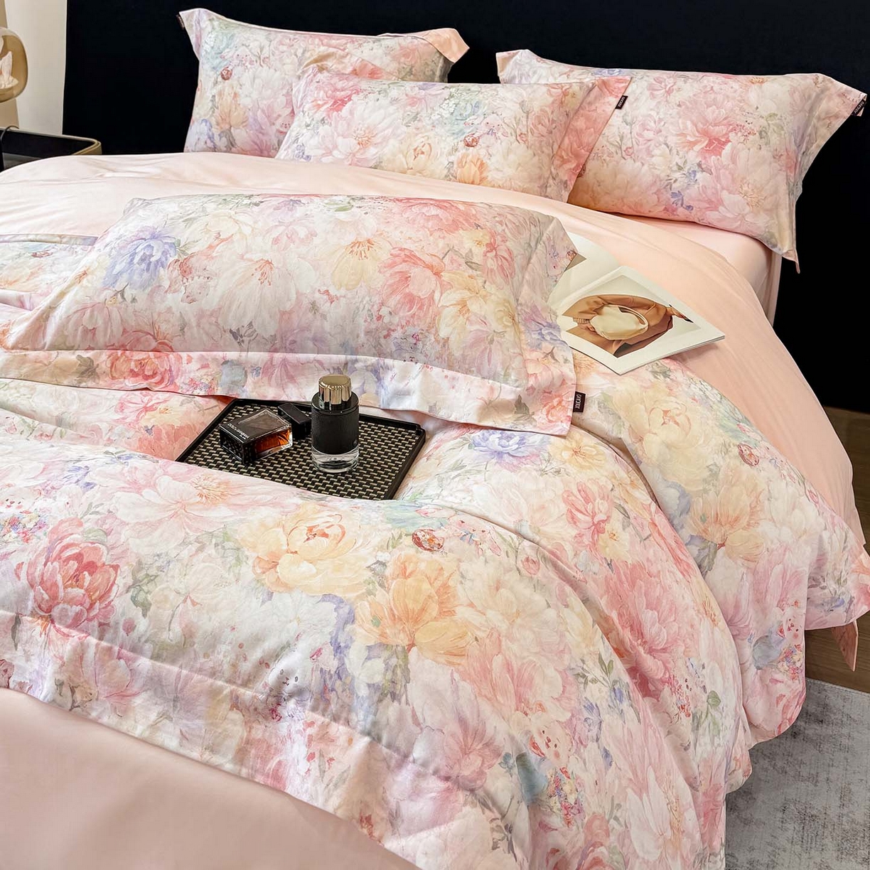 91家纺网 家纺一手货源 找家纺 2026新款A类100支长绒棉纯棉四件套全棉数码印花被套床单床笠田园风床上用品 忆梦-粉