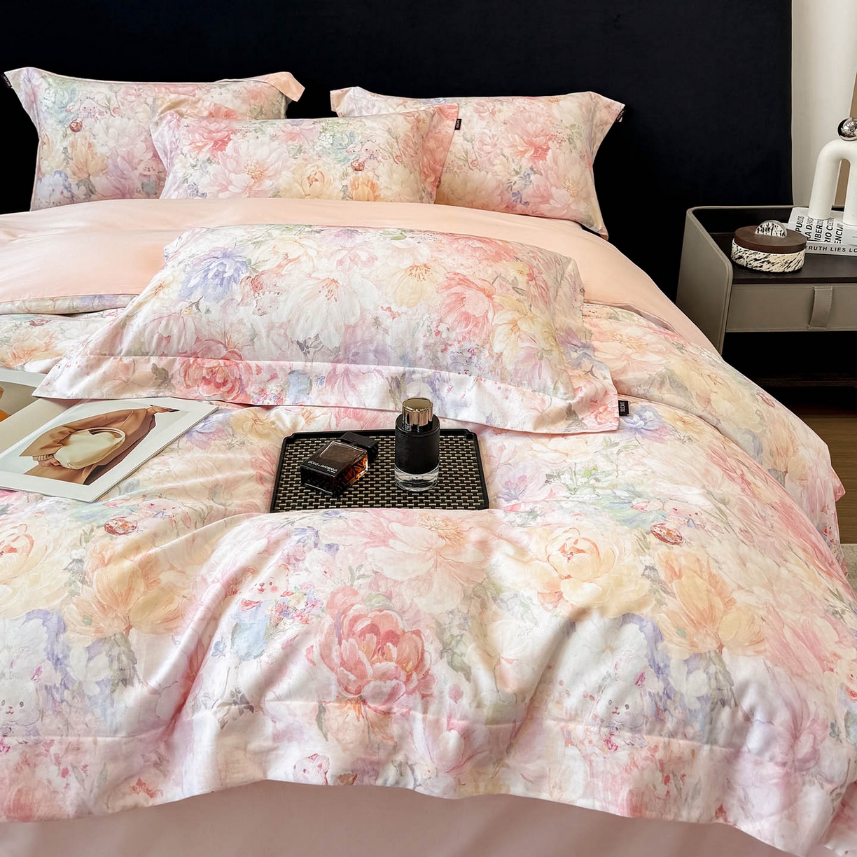 91家纺网 家纺一手货源 找家纺 2026新款A类100支长绒棉纯棉四件套全棉数码印花被套床单床笠田园风床上用品 忆梦-粉