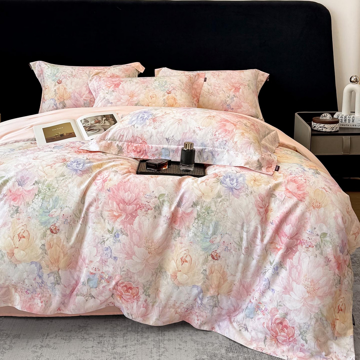 91家纺网 家纺一手货源 找家纺 2026新款A类100支长绒棉纯棉四件套全棉数码印花被套床单床笠田园风床上用品 忆梦-粉