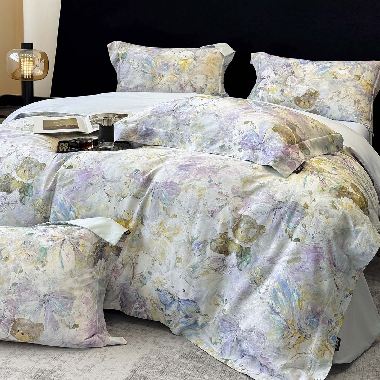 91家纺网 家纺一手货源 找家纺 2026新款A类100支长绒棉纯棉四件套全棉数码印花被套床单床笠田园风床上用品 黛梦-蓝