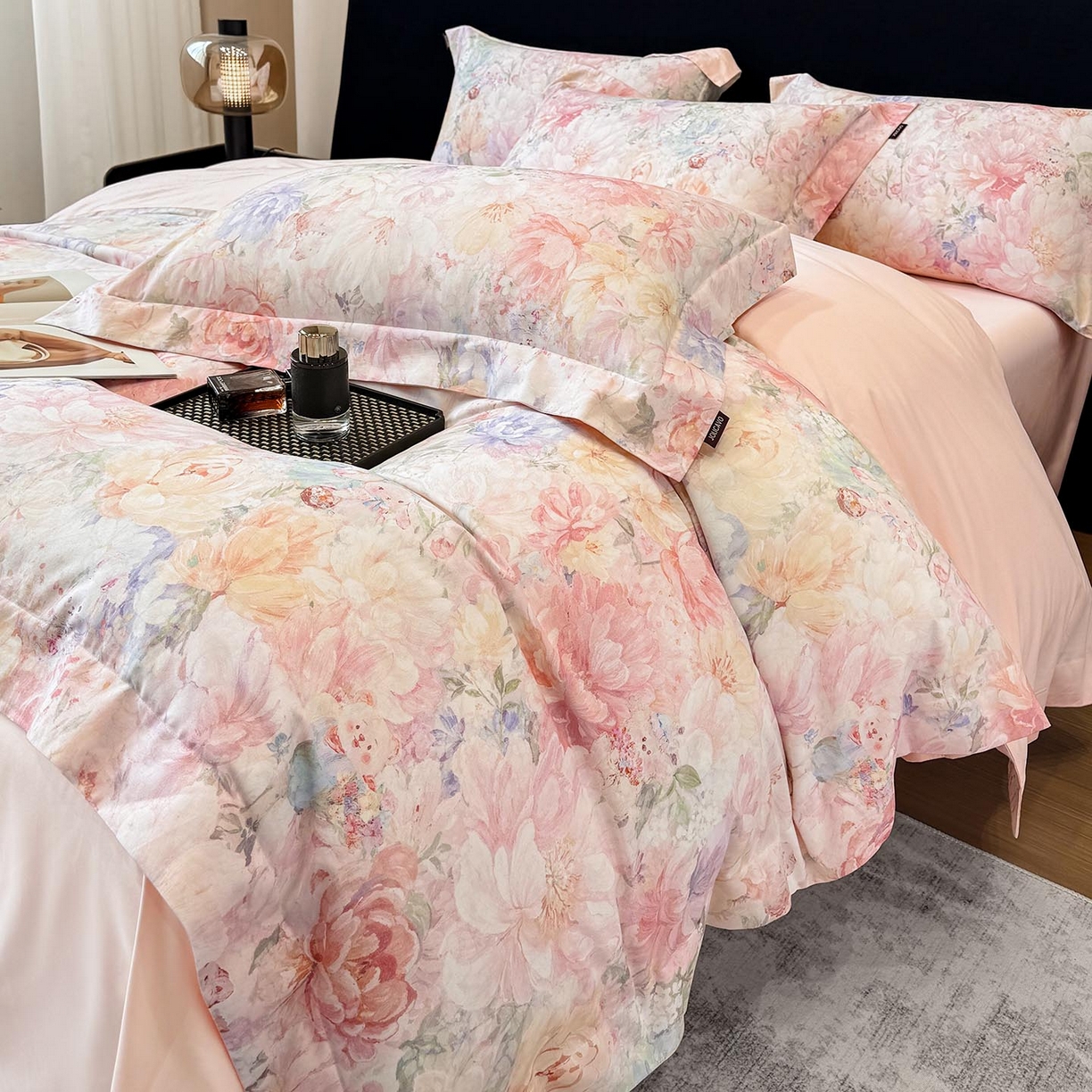 91家纺网 家纺一手货源 找家纺 2026新款A类100支长绒棉纯棉四件套全棉数码印花被套床单床笠田园风床上用品 忆梦-粉