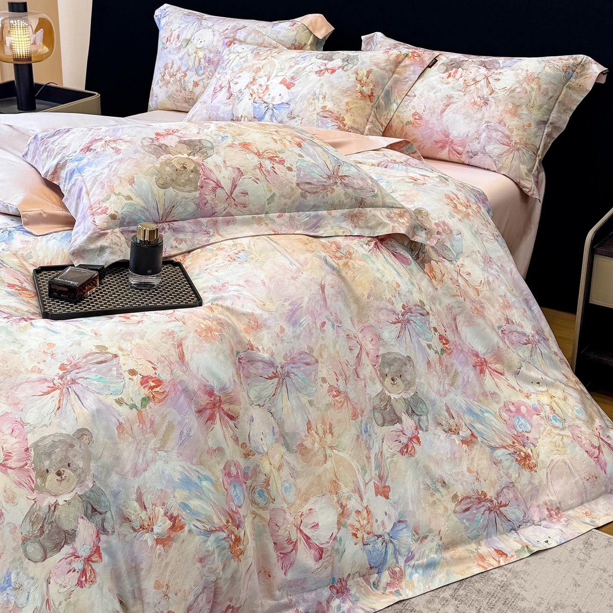 91家纺网 家纺一手货源 找家纺 2026新款A类100支长绒棉纯棉四件套全棉数码印花被套床单床笠田园风床上用品 黛梦-粉