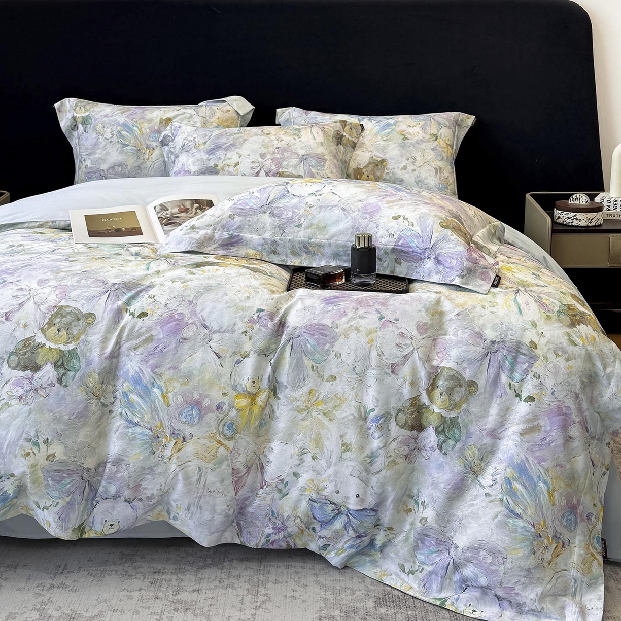 91家纺网 家纺一手货源 找家纺 2026新款A类100支长绒棉纯棉四件套全棉数码印花被套床单床笠田园风床上用品 黛梦-蓝