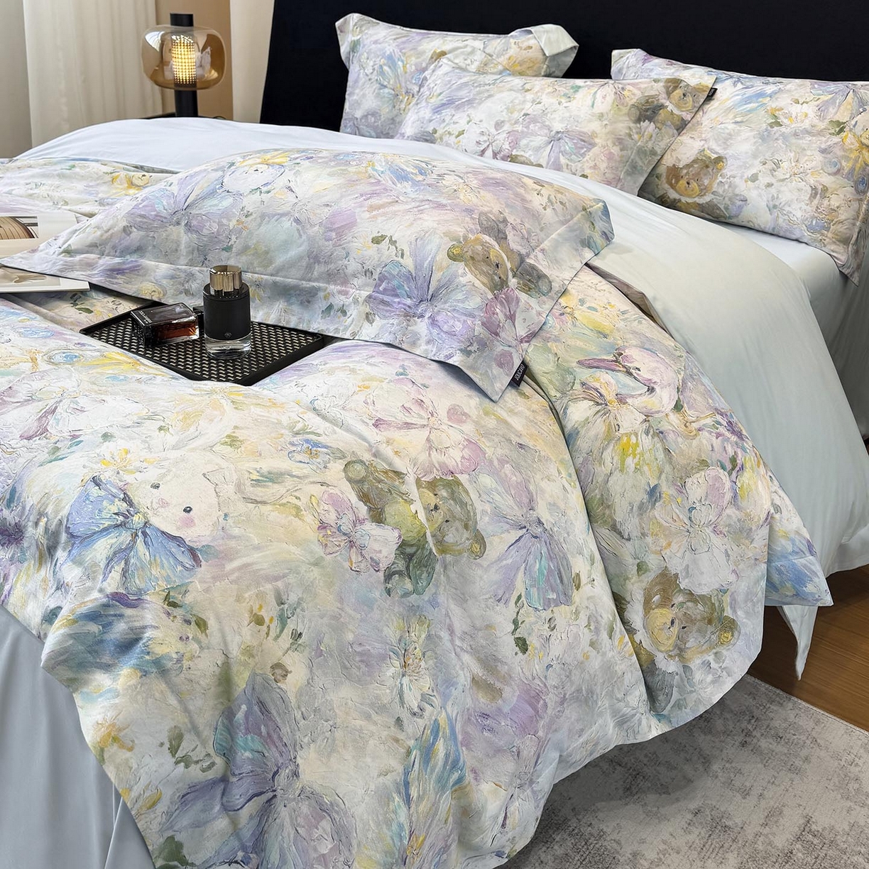 91家纺网 家纺一手货源 找家纺 2026新款A类100支长绒棉纯棉四件套全棉数码印花被套床单床笠田园风床上用品 黛梦-蓝