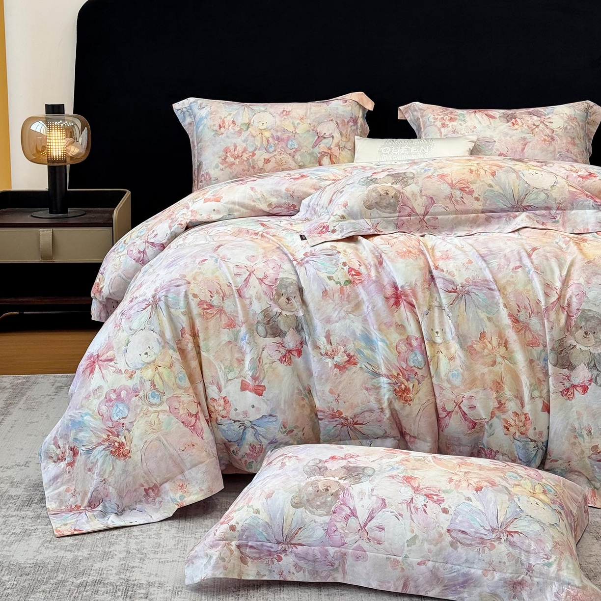 91家纺网 家纺一手货源 找家纺 2026新款A类100支长绒棉纯棉四件套全棉数码印花被套床单床笠田园风床上用品 黛梦-粉