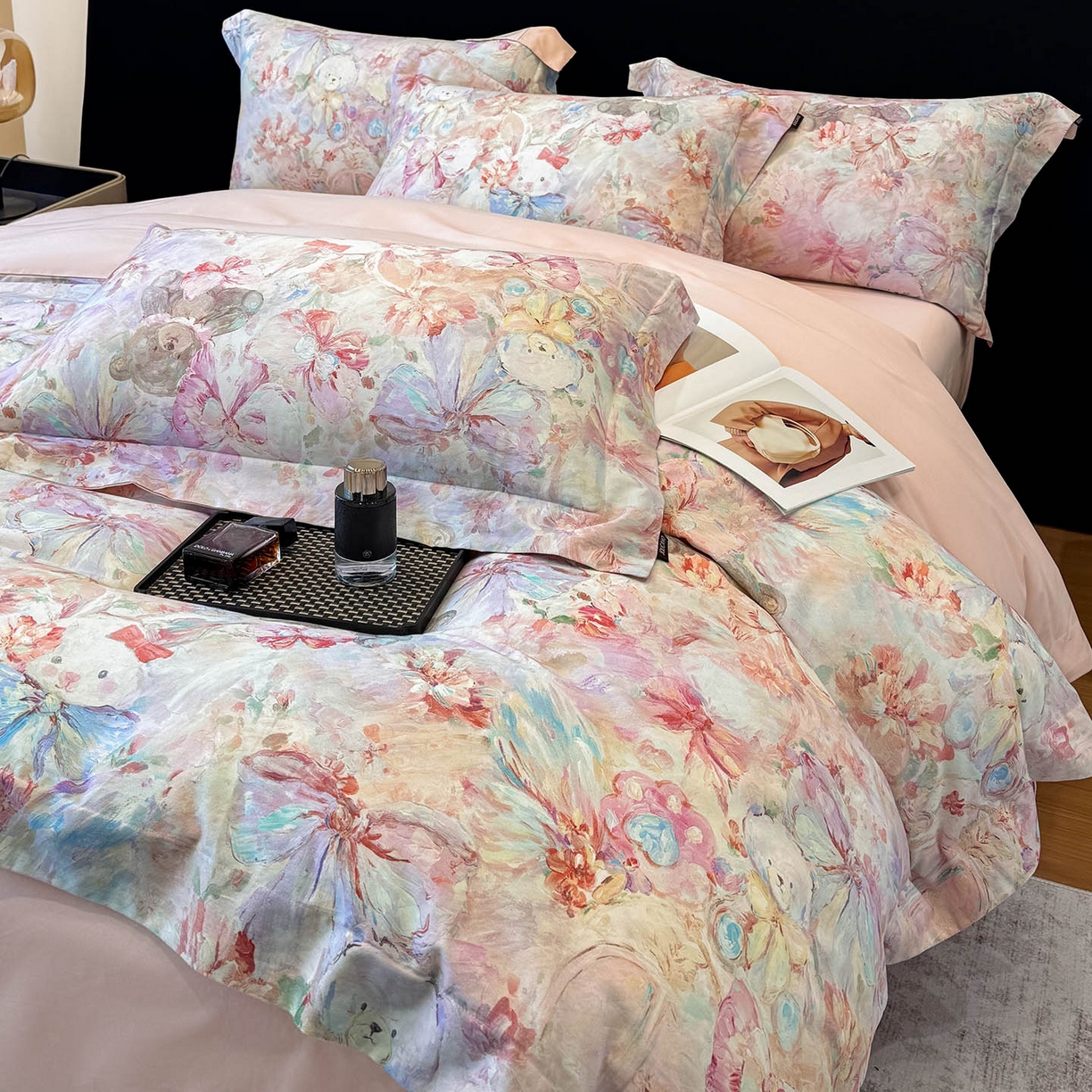 91家纺网 家纺一手货源 找家纺 2026新款A类100支长绒棉纯棉四件套全棉数码印花被套床单床笠田园风床上用品 黛梦-粉