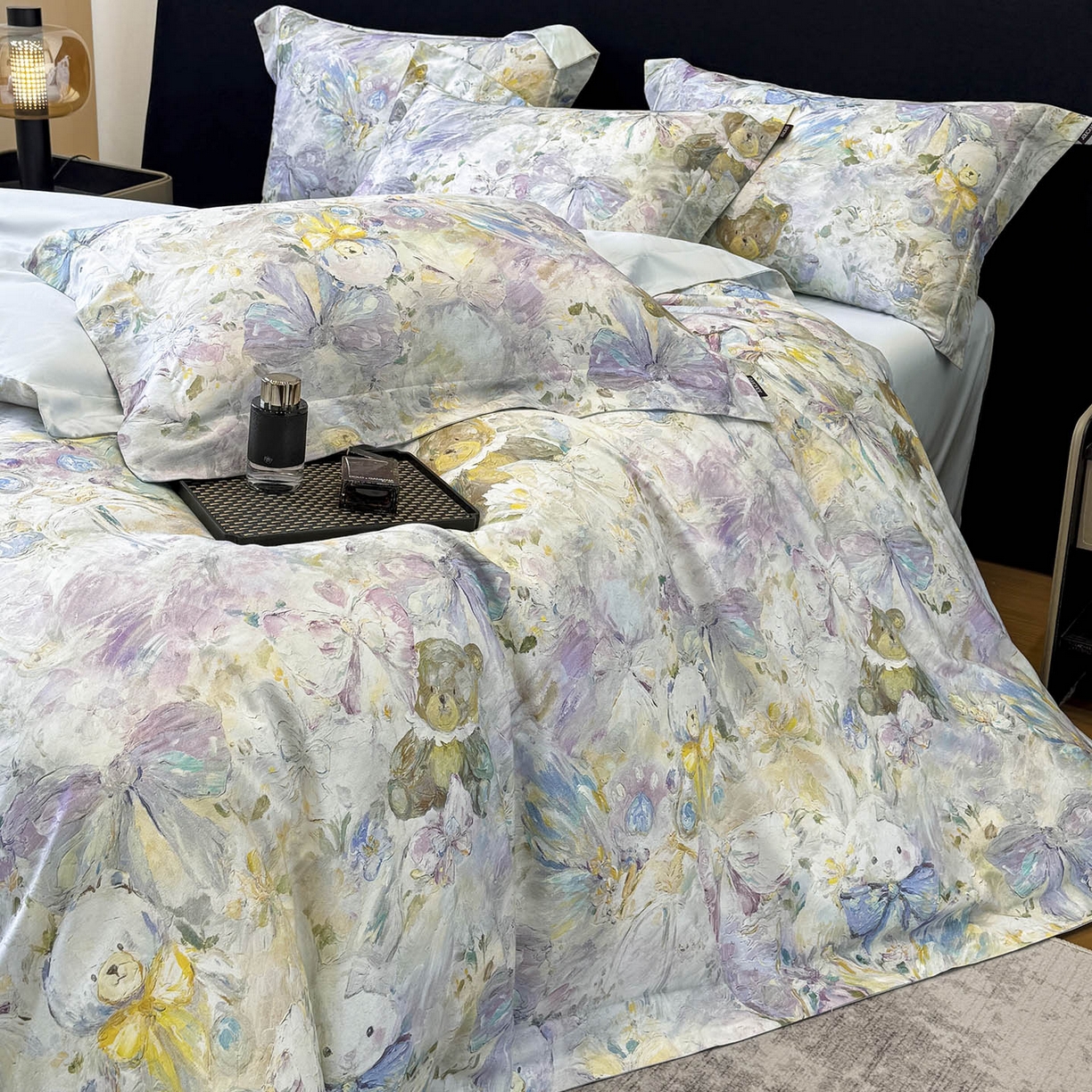 91家纺网 家纺一手货源 找家纺 2026新款A类100支长绒棉纯棉四件套全棉数码印花被套床单床笠田园风床上用品 黛梦-蓝