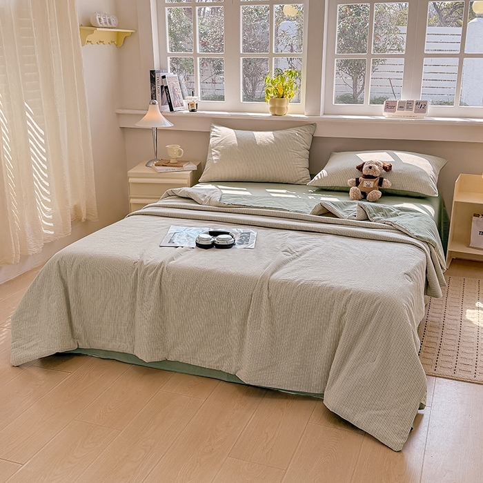 91家纺网 家纺一手货源 找家纺 梦依依 2026新款全棉色织水洗棉大豆被四件套系列 玛丽绿