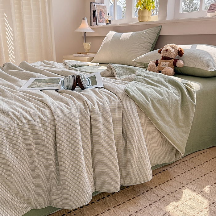 91家纺网 家纺一手货源 找家纺 梦依依 2026新款全棉色织水洗棉大豆被四件套系列 玛丽绿